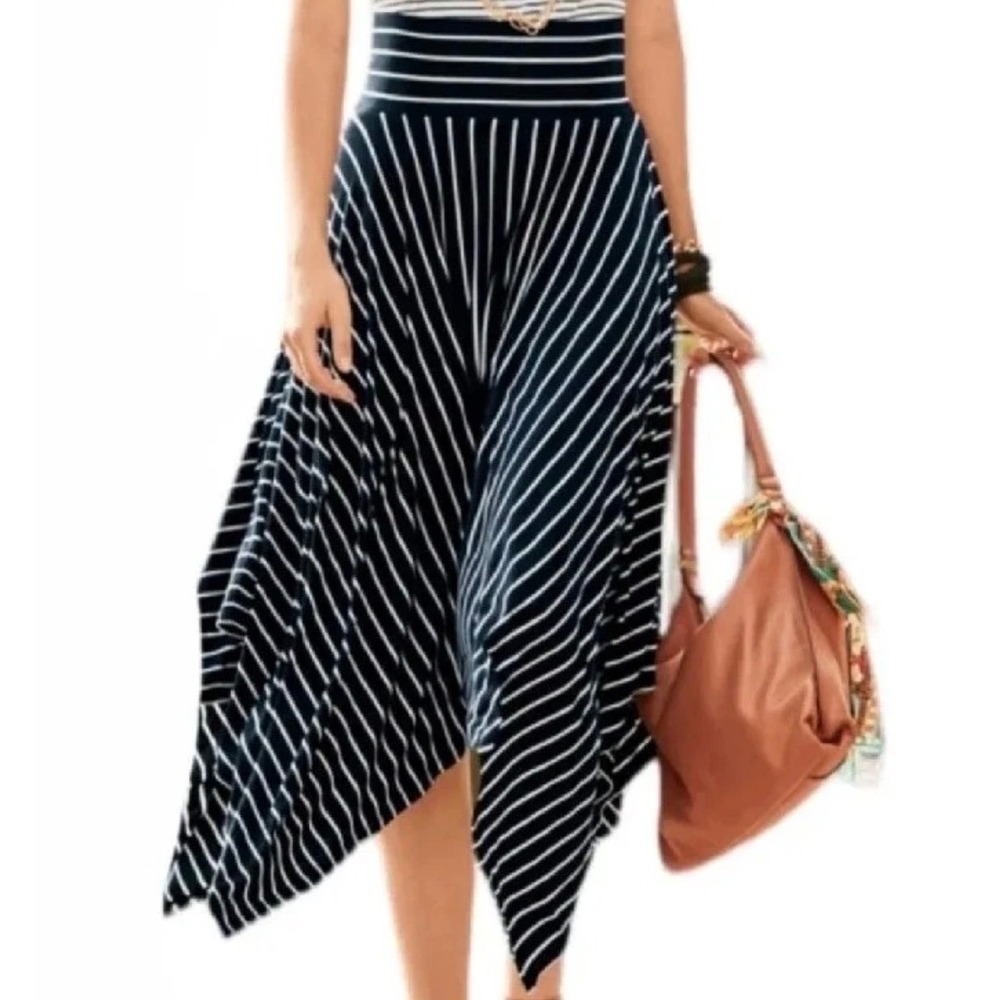 Cabi Navy White Striped Handkerchief Hem Midi Skirt‎ Style 5183 Womens Medium